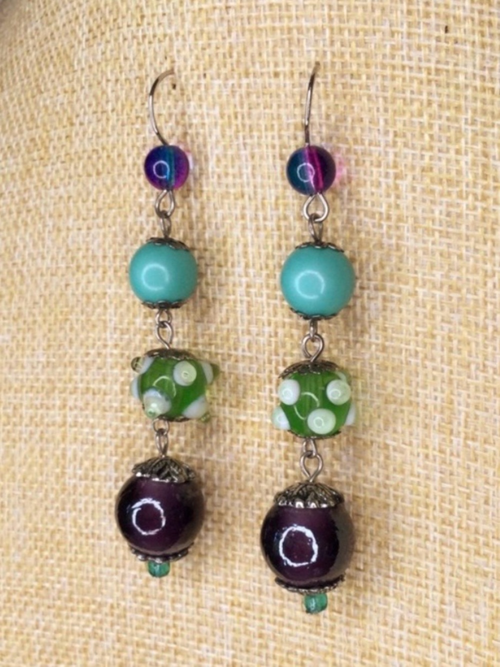 Vintage Artisan Lampwork Glass Dangle Earrings – Multicolor Boho Statement Pair - Picture 6 of 11